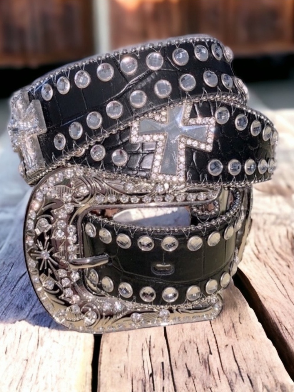 Blazin Roxx Black Croc Cross Rhinestone Western Belt Cowgirl Medium NWOT - Picture 2 of 14